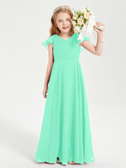 Delicate Chiffon Junior Bridesmaid Gown Flutter Sleeves V-neck Turquoise