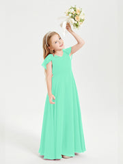 Delicate Chiffon Junior Bridesmaid Gown Flutter Sleeves V-neck Turquoise