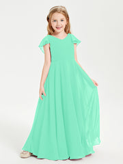 Delicate Chiffon Junior Bridesmaid Gown Flutter Sleeves V-neck Turquoise