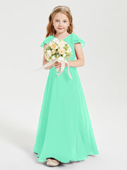 Delicate Chiffon Junior Bridesmaid Gown Flutter Sleeves V-neck Turquoise