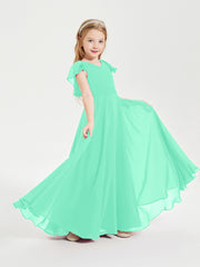 Delicate Chiffon Junior Bridesmaid Gown Flutter Sleeves V-neck Turquoise