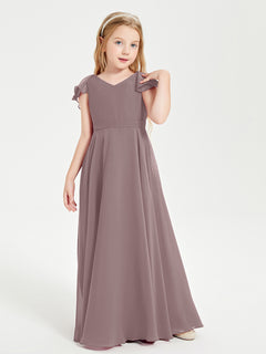 Delicate Chiffon Junior Bridesmaid Gown Flutter Sleeves V-neck Vintage Mauve