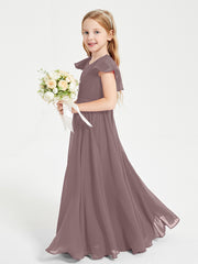 Delicate Chiffon Junior Bridesmaid Gown Flutter Sleeves V-neck Vintage Mauve