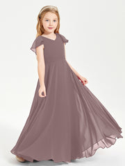 Delicate Chiffon Junior Bridesmaid Gown Flutter Sleeves V-neck Vintage Mauve