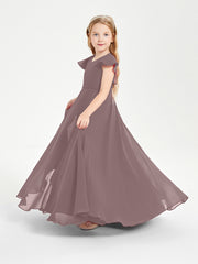 Delicate Chiffon Junior Bridesmaid Gown Flutter Sleeves V-neck Vintage Mauve