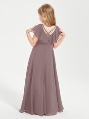 Delicate Chiffon Junior Bridesmaid Gown Flutter Sleeves V-neck Vintage Mauve