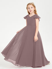Delicate Chiffon Junior Bridesmaid Gown Flutter Sleeves V-neck Vintage Mauve