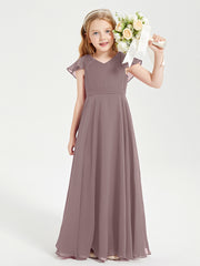 Delicate Chiffon Junior Bridesmaid Gown Flutter Sleeves V-neck Vintage Mauve