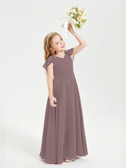Delicate Chiffon Junior Bridesmaid Gown Flutter Sleeves V-neck Vintage Mauve