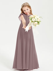 Delicate Chiffon Junior Bridesmaid Gown Flutter Sleeves V-neck Vintage Mauve