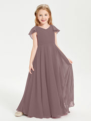 Delicate Chiffon Junior Bridesmaid Gown Flutter Sleeves V-neck Vintage Mauve