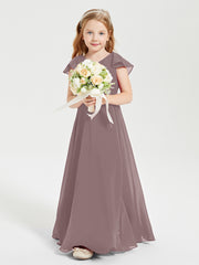Delicate Chiffon Junior Bridesmaid Gown Flutter Sleeves V-neck Vintage Mauve