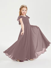 Delicate Chiffon Junior Bridesmaid Gown Flutter Sleeves V-neck Vintage Mauve