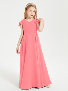 Delicate Chiffon Junior Bridesmaid Gown Flutter Sleeves V-neck Watermelon