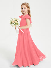 Delicate Chiffon Junior Bridesmaid Gown Flutter Sleeves V-neck Watermelon