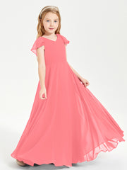 Delicate Chiffon Junior Bridesmaid Gown Flutter Sleeves V-neck Watermelon