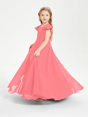 Delicate Chiffon Junior Bridesmaid Gown Flutter Sleeves V-neck Watermelon