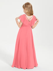 Delicate Chiffon Junior Bridesmaid Gown Flutter Sleeves V-neck Watermelon