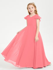 Delicate Chiffon Junior Bridesmaid Gown Flutter Sleeves V-neck Watermelon
