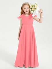 Delicate Chiffon Junior Bridesmaid Gown Flutter Sleeves V-neck Watermelon