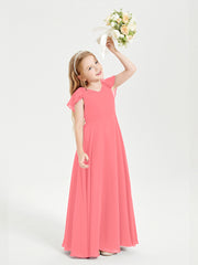 Delicate Chiffon Junior Bridesmaid Gown Flutter Sleeves V-neck Watermelon