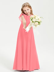 Delicate Chiffon Junior Bridesmaid Gown Flutter Sleeves V-neck Watermelon