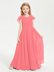 Delicate Chiffon Junior Bridesmaid Gown Flutter Sleeves V-neck Watermelon