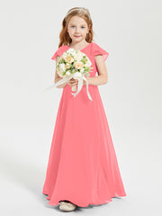 Delicate Chiffon Junior Bridesmaid Gown Flutter Sleeves V-neck Watermelon