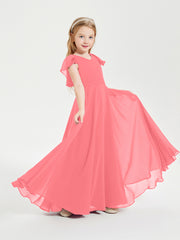 Delicate Chiffon Junior Bridesmaid Gown Flutter Sleeves V-neck Watermelon