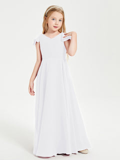 Delicate Chiffon Junior Bridesmaid Gown Flutter Sleeves V-neck White