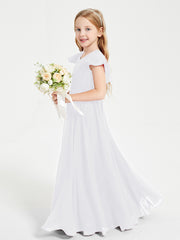 Delicate Chiffon Junior Bridesmaid Gown Flutter Sleeves V-neck White