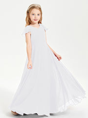Delicate Chiffon Junior Bridesmaid Gown Flutter Sleeves V-neck White