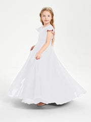 Delicate Chiffon Junior Bridesmaid Gown Flutter Sleeves V-neck White