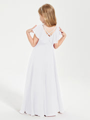 Delicate Chiffon Junior Bridesmaid Gown Flutter Sleeves V-neck White