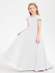 Delicate Chiffon Junior Bridesmaid Gown Flutter Sleeves V-neck White