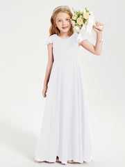 Delicate Chiffon Junior Bridesmaid Gown Flutter Sleeves V-neck White