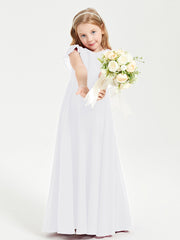 Delicate Chiffon Junior Bridesmaid Gown Flutter Sleeves V-neck White