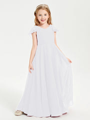 Delicate Chiffon Junior Bridesmaid Gown Flutter Sleeves V-neck White