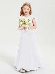 Delicate Chiffon Junior Bridesmaid Gown Flutter Sleeves V-neck White