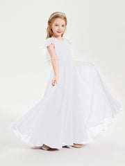 Delicate Chiffon Junior Bridesmaid Gown Flutter Sleeves V-neck White