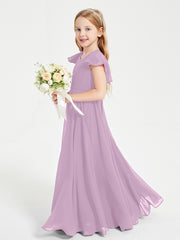 Delicate Chiffon Junior Bridesmaid Gown Flutter Sleeves V-neck Wisteria