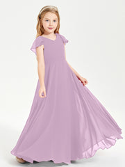 Delicate Chiffon Junior Bridesmaid Gown Flutter Sleeves V-neck Wisteria