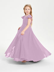 Delicate Chiffon Junior Bridesmaid Gown Flutter Sleeves V-neck Wisteria
