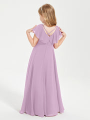 Delicate Chiffon Junior Bridesmaid Gown Flutter Sleeves V-neck Wisteria