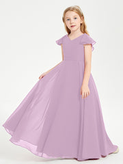 Delicate Chiffon Junior Bridesmaid Gown Flutter Sleeves V-neck Wisteria