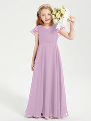 Delicate Chiffon Junior Bridesmaid Gown Flutter Sleeves V-neck Wisteria