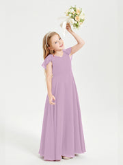 Delicate Chiffon Junior Bridesmaid Gown Flutter Sleeves V-neck Wisteria