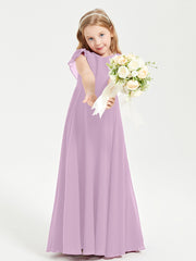 Delicate Chiffon Junior Bridesmaid Gown Flutter Sleeves V-neck Wisteria
