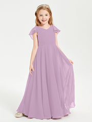Delicate Chiffon Junior Bridesmaid Gown Flutter Sleeves V-neck Wisteria