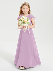 Delicate Chiffon Junior Bridesmaid Gown Flutter Sleeves V-neck Wisteria